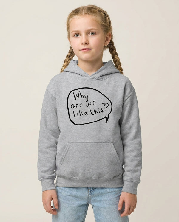 Why Are We Like This - Heart TV Kids Hoodie — Grey Front, worn