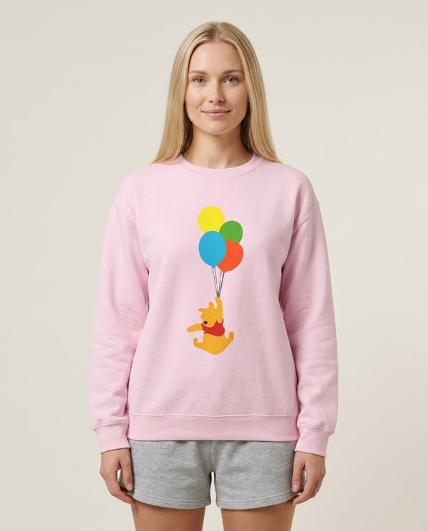 Pooh On Balloons Sweatshirt — Pink Front, worn