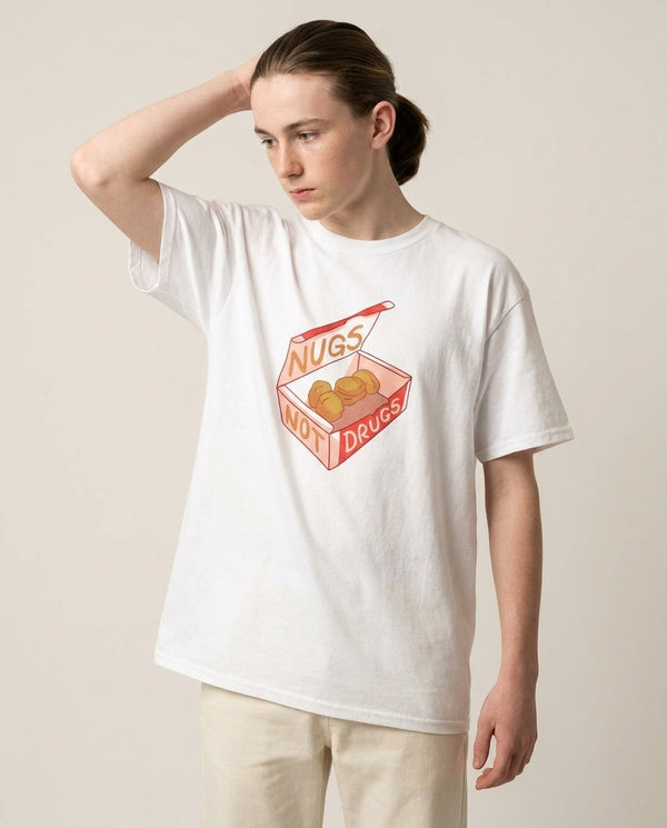 Nugs not Drugs Tumblr Style T-Shirt — White Front, worn
