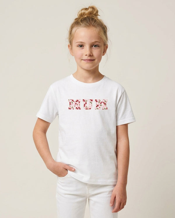 Floral Varsity Mum Kids T-Shirt — White Front, worn