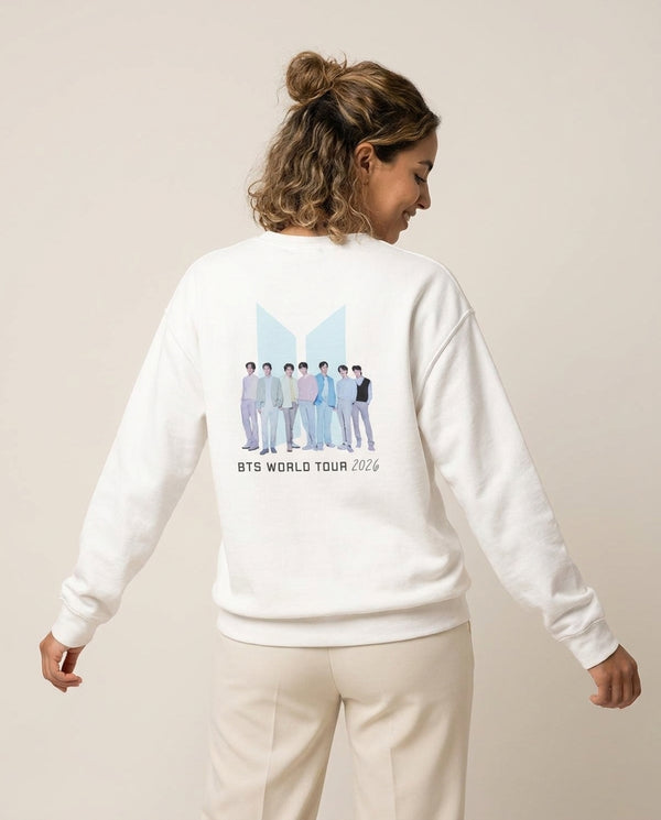 K-Pop Band Tour Pastel Blue Sweatshirt — White Back, worn