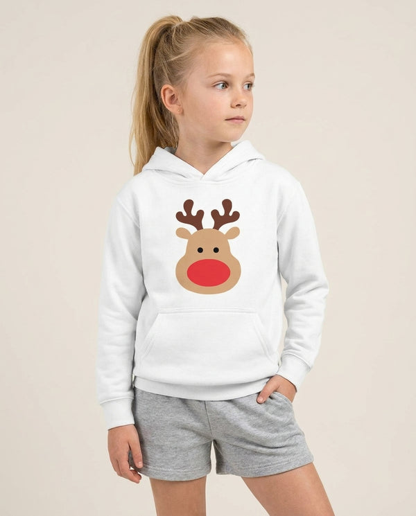 Rudolph Face - Christmas Kids Hoodie — White Front, worn