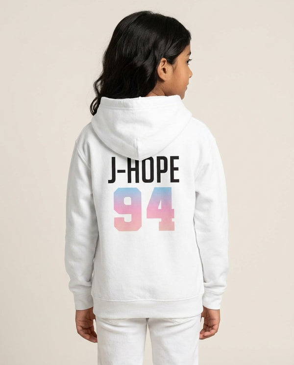 J-Hope 94 Kids Hoodie — White Back, worn