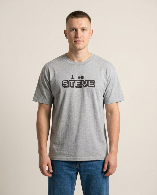 I Am Steve T-Shirt — Grey Front, worn