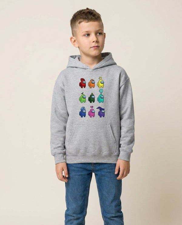 Among Gaming characters Kids Hoodie — Grey Front, worn