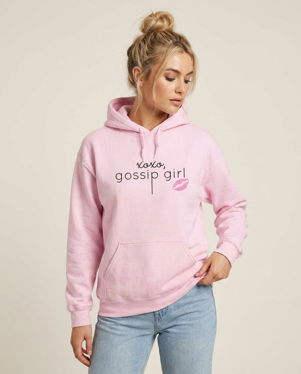 XOXO Gossip Hoodie — Pink Front, worn