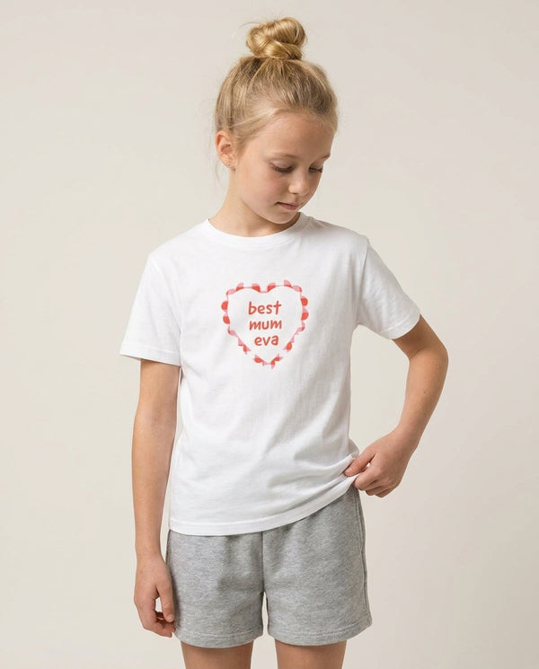 Best Mum Eva Kids T-Shirt — White Front, worn