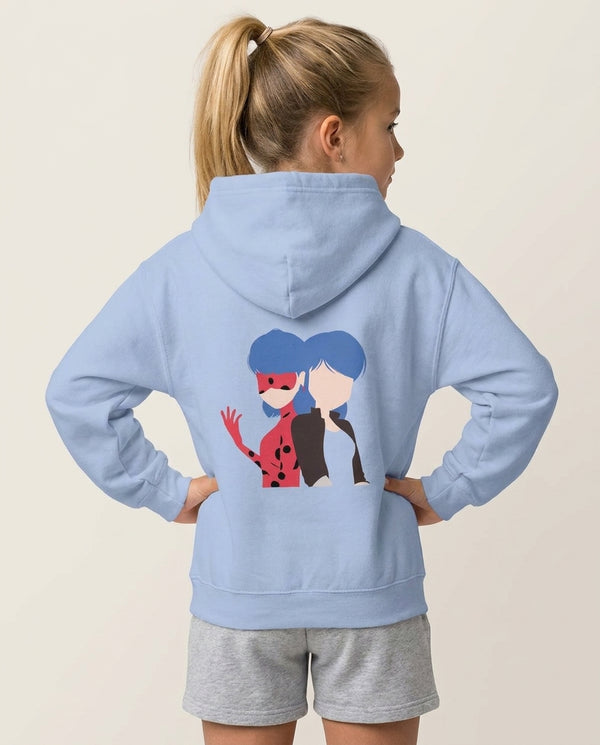 Marinette And Ladybug Kids Hoodie — Blue Back, worn