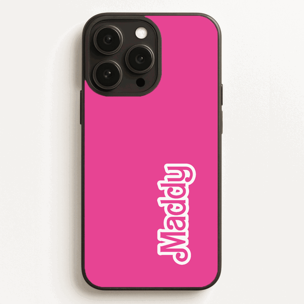Personalised Doll phone case in Barbie pink with your name, shown with four different names