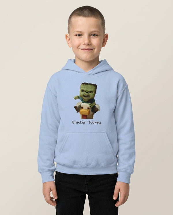 Chicken Jockey  Kids Hoodie — Blue Front, worn