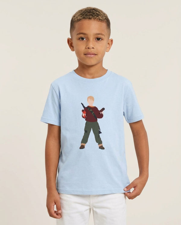 Kevin And Hairdryers Kids T-Shirt — Blue Front, worn