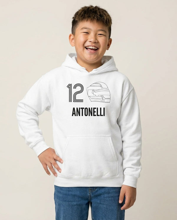 Antonelli Helmet 2026 Kids Hoodie — White Front, worn