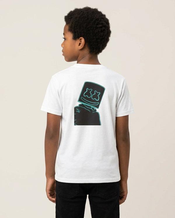 Black White Helmet DJ Neon Kids T-Shirt — White Back, worn