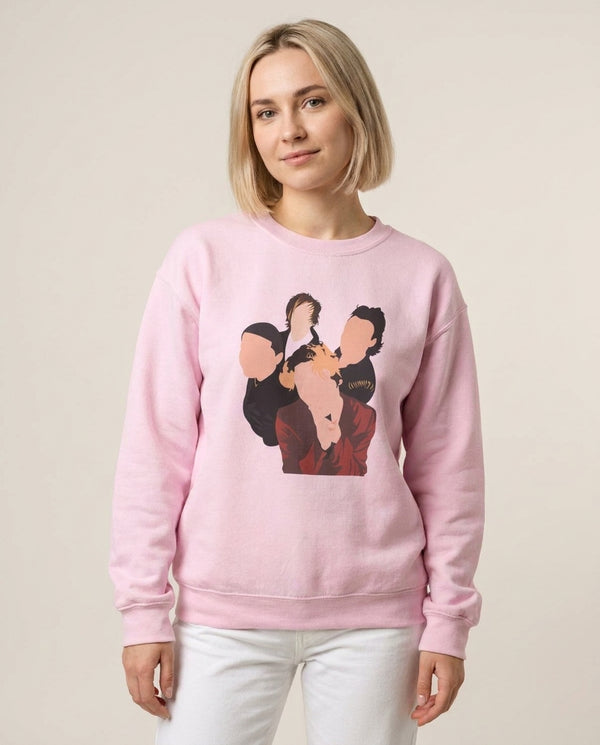 Group Photo Sweatshirt — Pink Front, worn