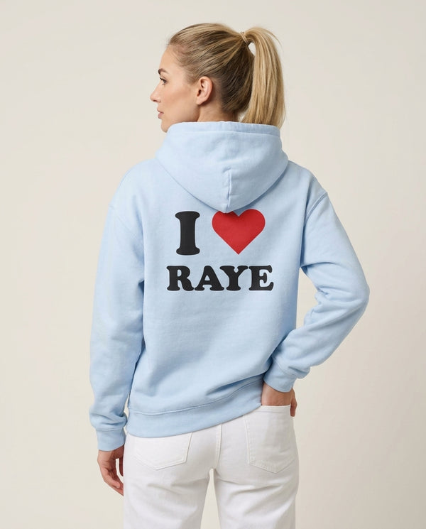 I Love Raye - Festival Hoodie — Blue Back, worn