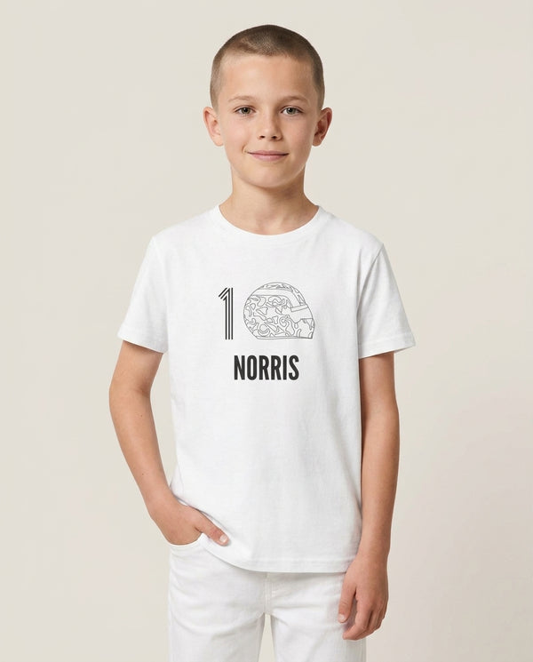 Norris Helmet 2026 Kids T-Shirt — White Front, worn