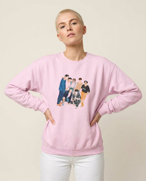 Casual K-Pop Band Band Sweatshirt — Pink Front, worn