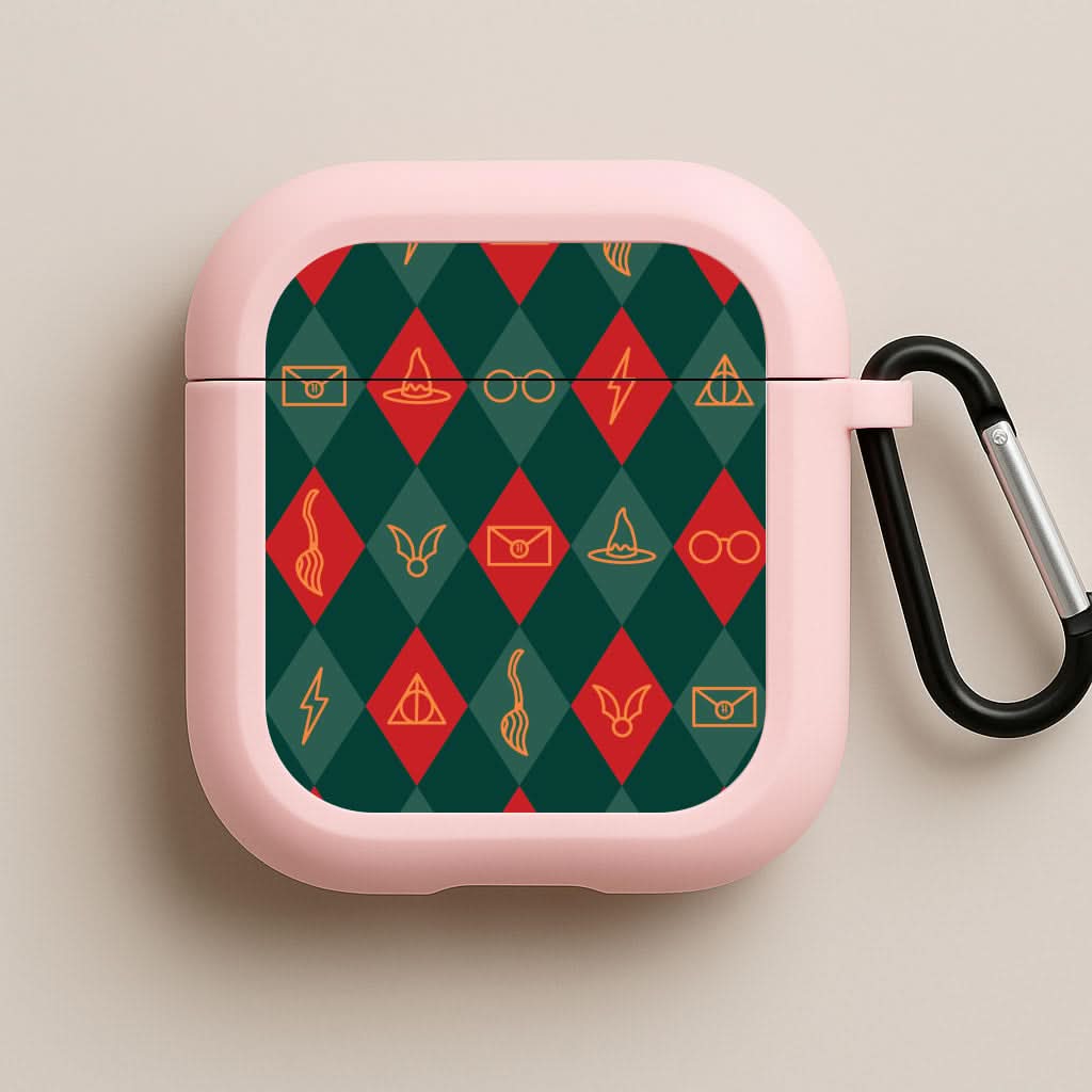 Christmas Wizard Icons Argyle Pattern Pink AirPods Case