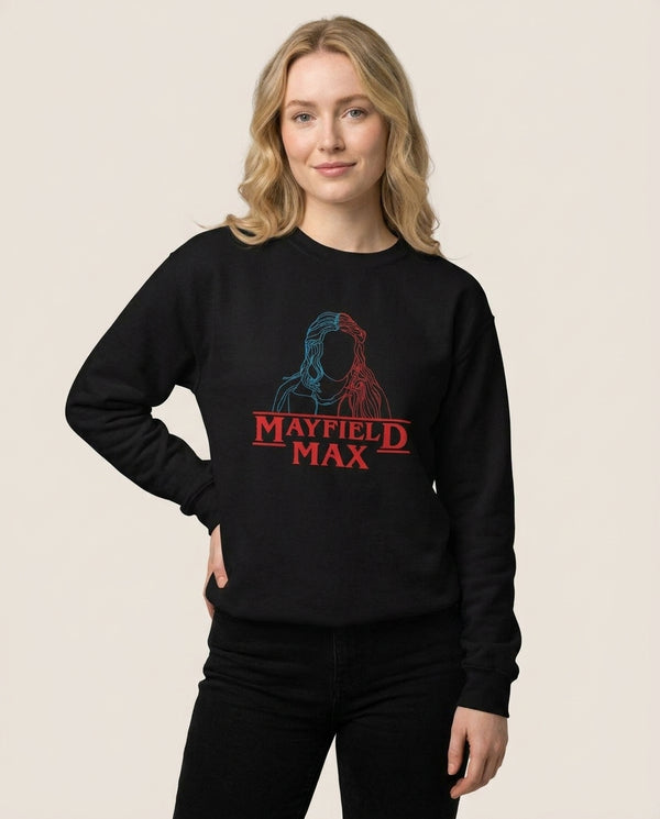 Blue And Red Max Sweatshirt — Black Front, worn