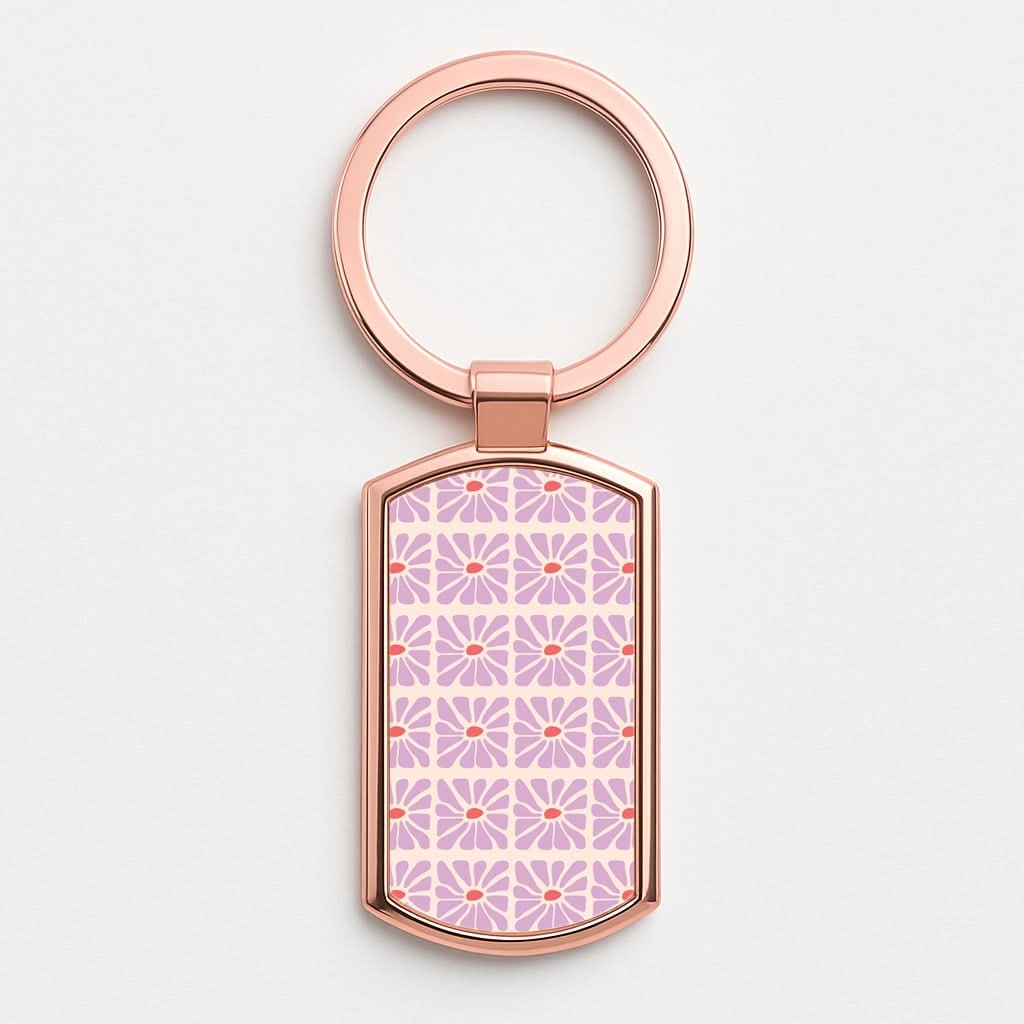 Square Abstract Flowers Mauve Rose Gold Keyring
