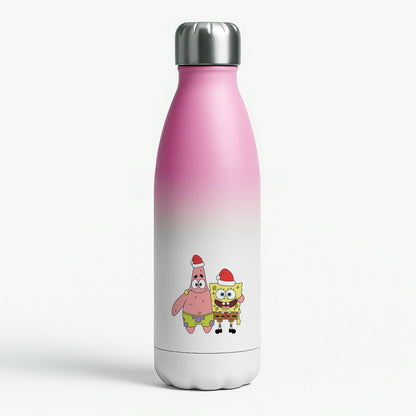 Cartoon Sponge And Starfish Christmas Hats Pink Water Bottle