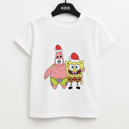Cartoon Sponge And Starfish Christmas Hats Kids Unisex T-Shirt