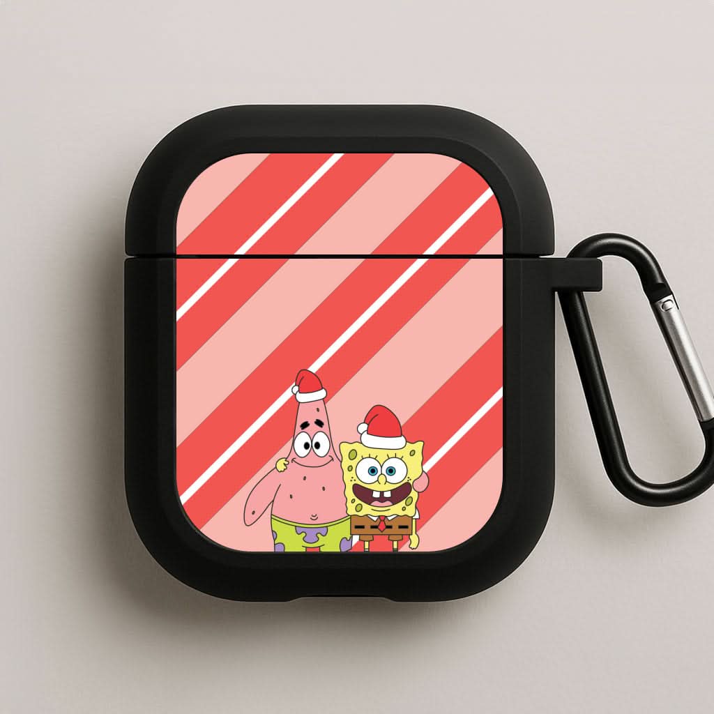 Cartoon Sponge And Starfish Christmas Hats Black AirPods Case