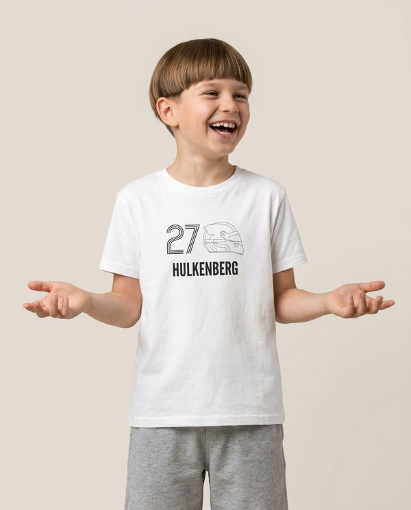 Hulkenberg Helmet 2026 Kids T-Shirt — White Front, worn