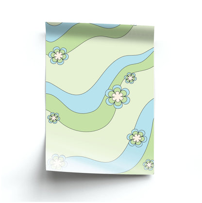 Waves And Flowers Green Retro Pattern Poster