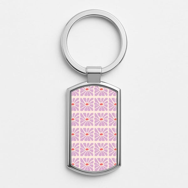 Square Abstract Flowers Mauve Silver Metal Keyring