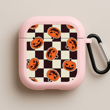 Pumpkin Stickers Checkered Pattern Pink AirPods Case