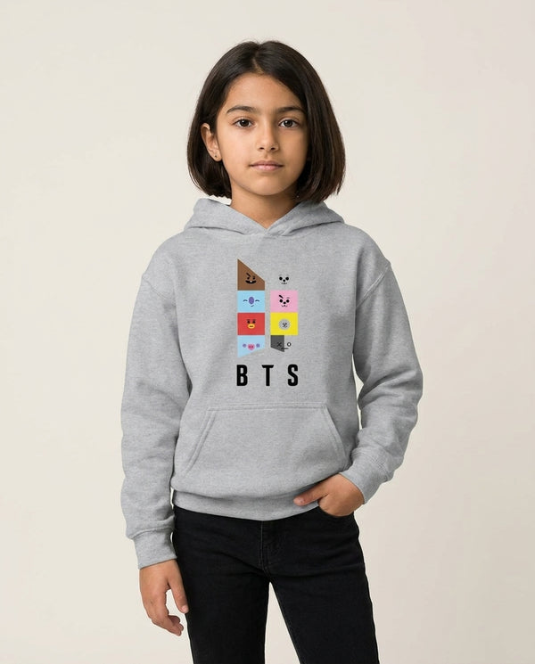 BT21 K-Pop Band Logo Kids Hoodie — Grey Front, worn