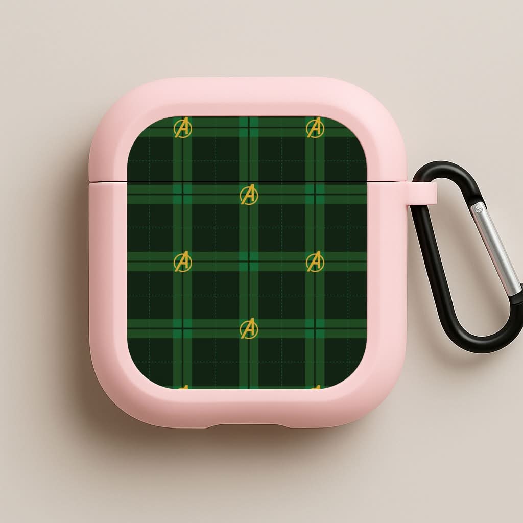 Superhero Team Green Tartan Pattern Pink AirPods Case