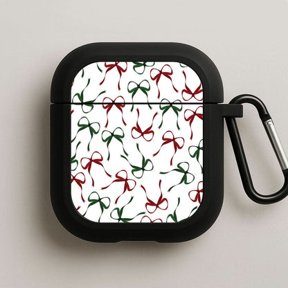 Red And Green Coquette Christmas Bows Pattern Black AirPods Case