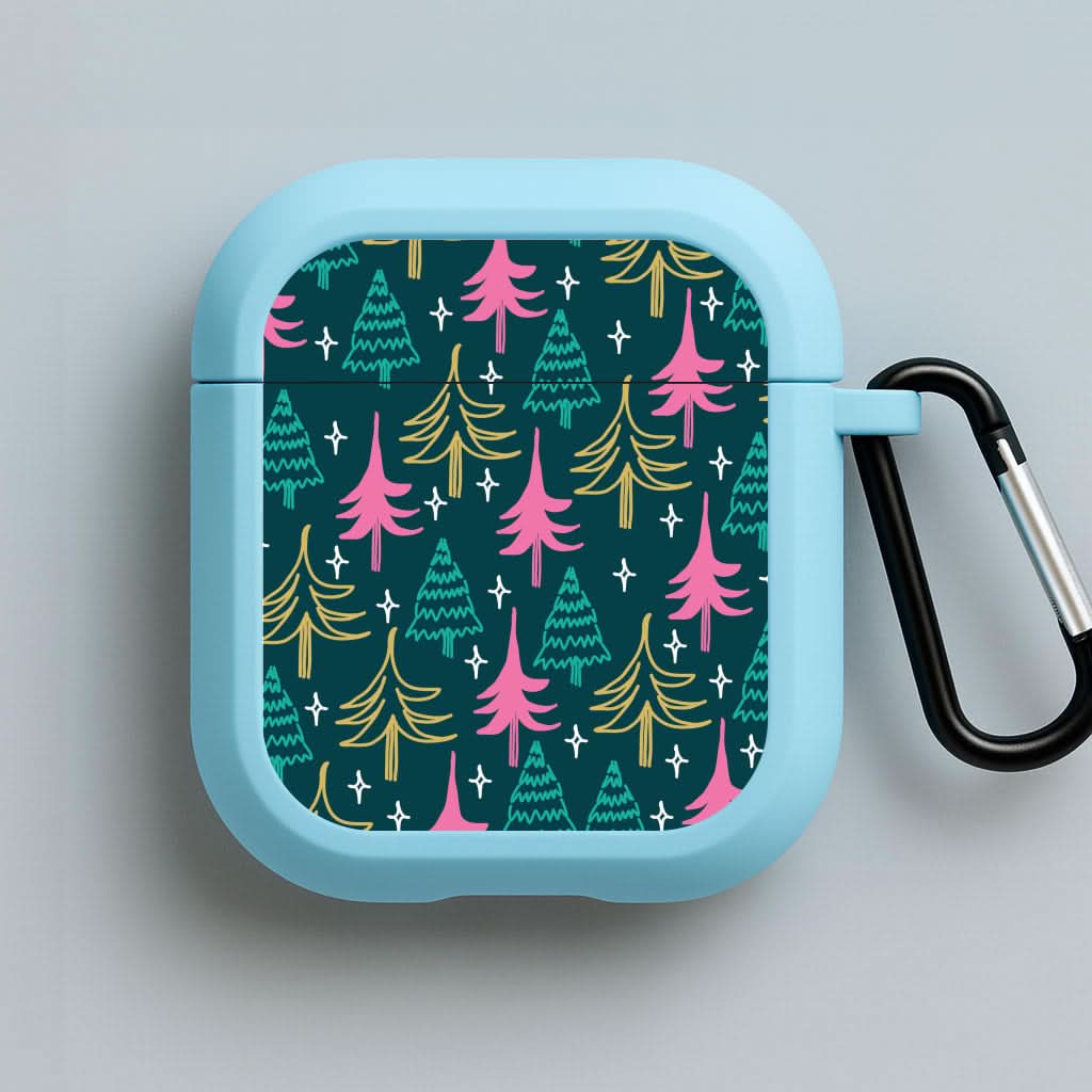 Colourful Sketched Christmas Trees Pattern Blue AirPods Case