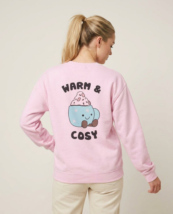Hot Cocoa Plush Quote Sweatshirt — Pink Back, worn