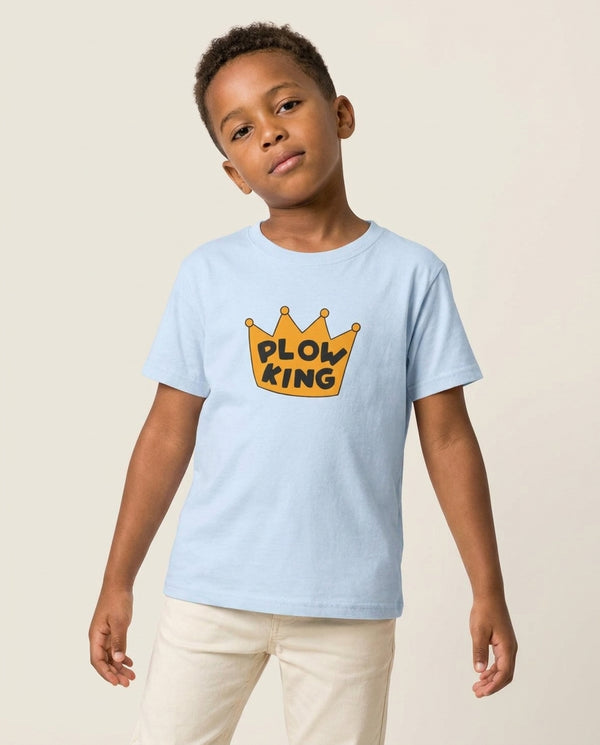 Plow King Kids T-Shirt Blue Front, worn