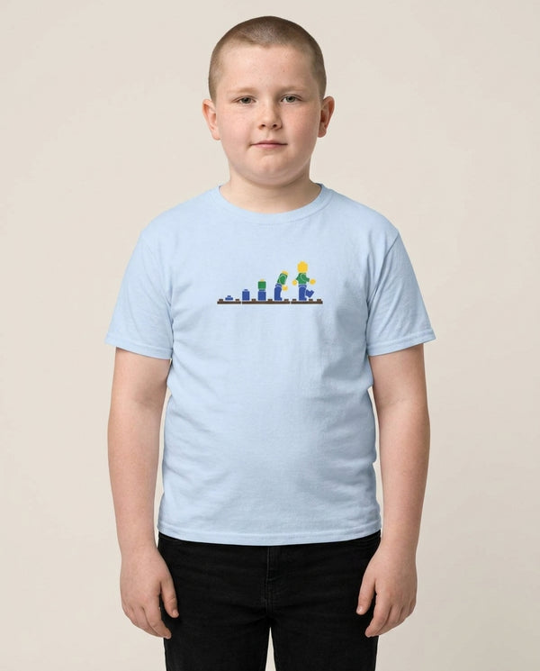 Building - Bricks Kids T-Shirt — Blue Front, worn
