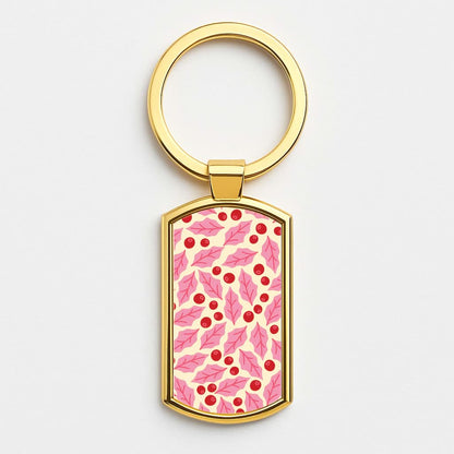 Pink Holly And Berries Pattern Gold Keyring