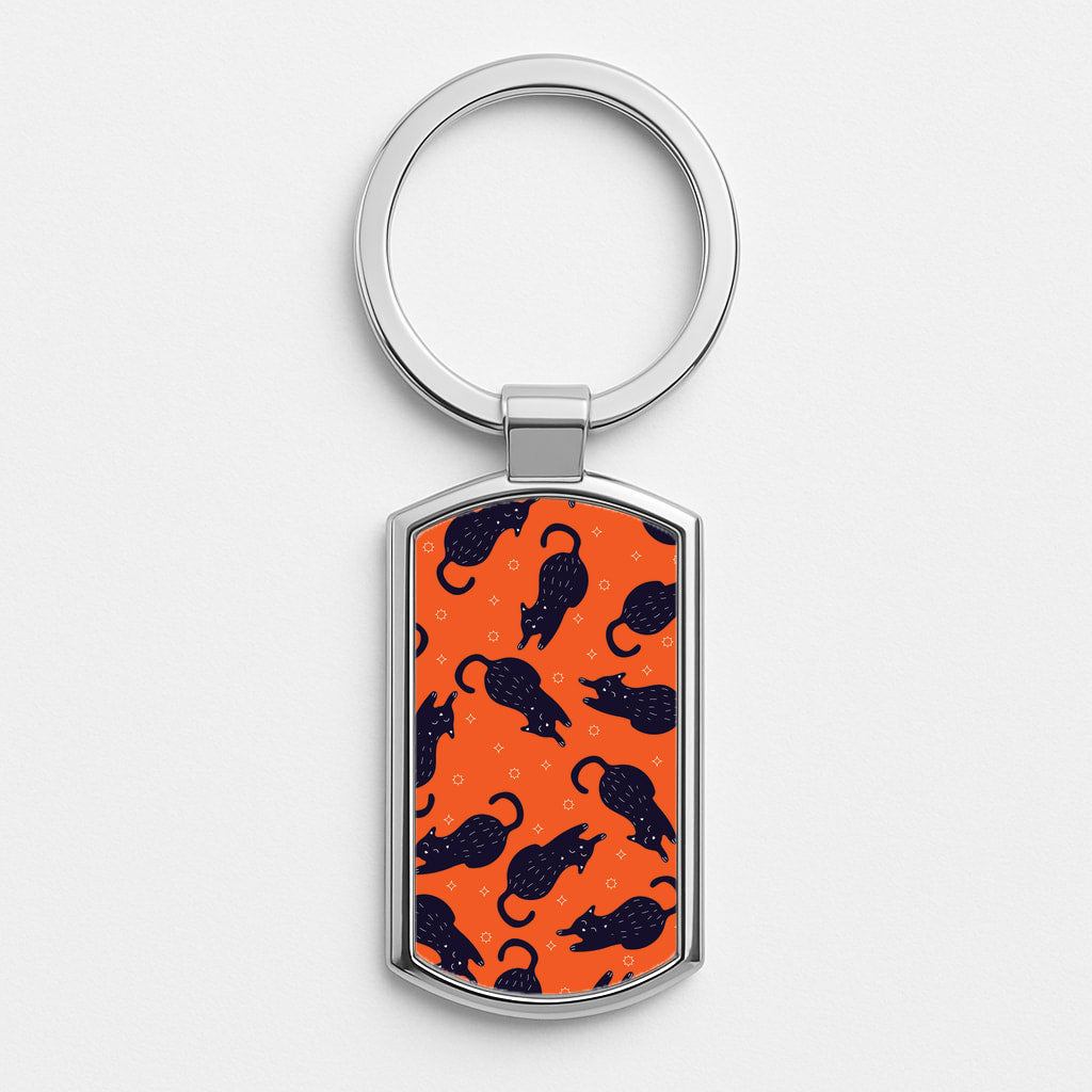 Black Cats And Stars Pattern Silver Metal Keyring