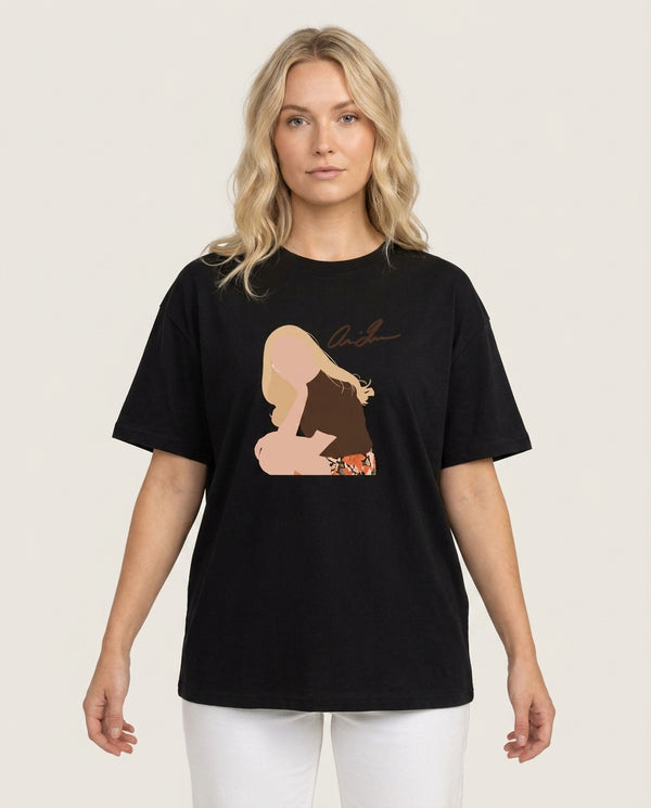 Vintage Pose T-Shirt — Black Front, worn