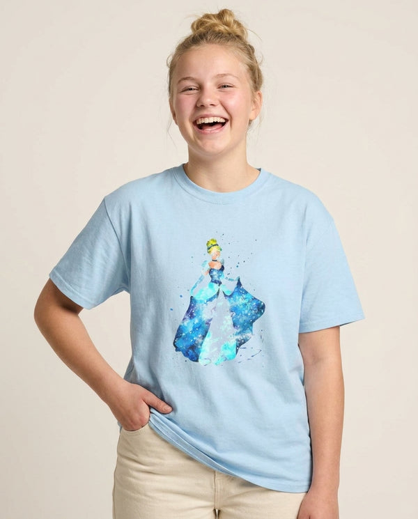 Watercolour Cinderella Fairytale T-Shirt — Blue Front, worn