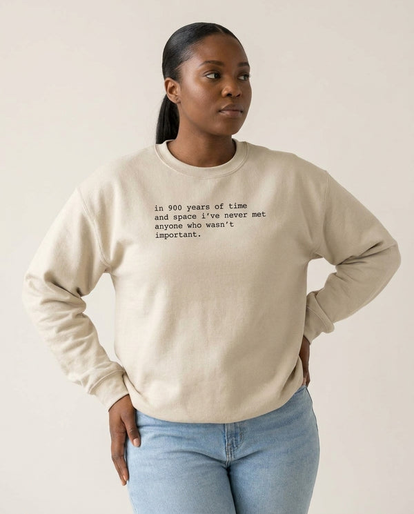 In 900 Years Sweatshirt — Sand Front, worn
