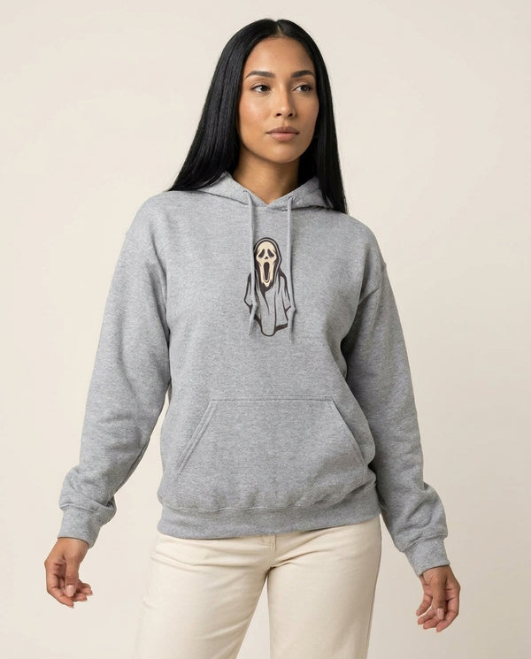 Orange Scream Hoodie — Grey Front, worn