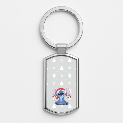 Cute Blue Alien Candycane Silver Metal Keyring