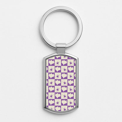 Spiders And Ghosts Checkered Pattern I Silver Metal Keyring