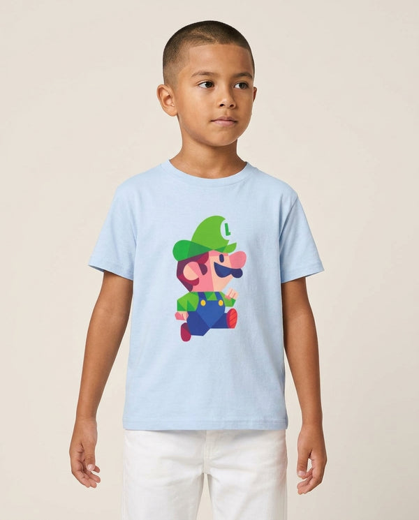 Running Luigi - Mario Kids T-Shirt — Blue Front, worn