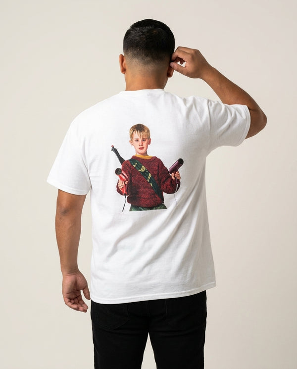 Kevin's Hairdryer T-Shirt White Back, worn