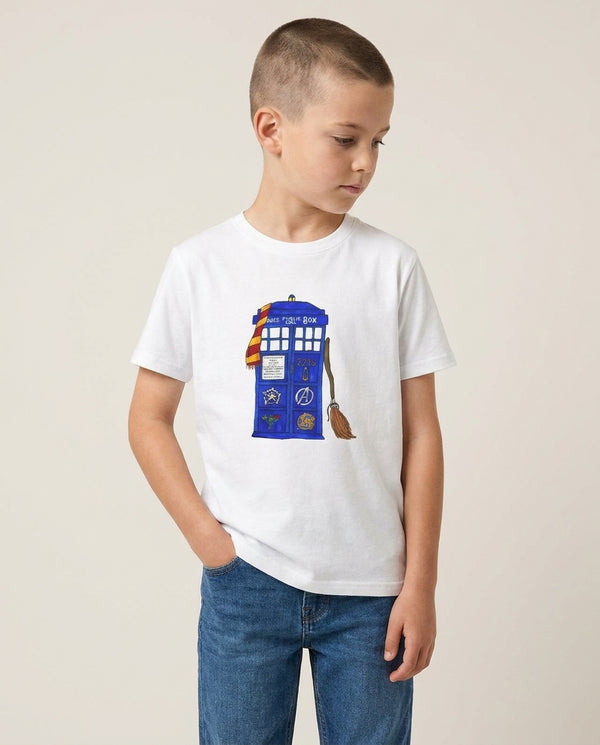 Multifandom Cartoon Kids T-Shirt — White Front, worn
