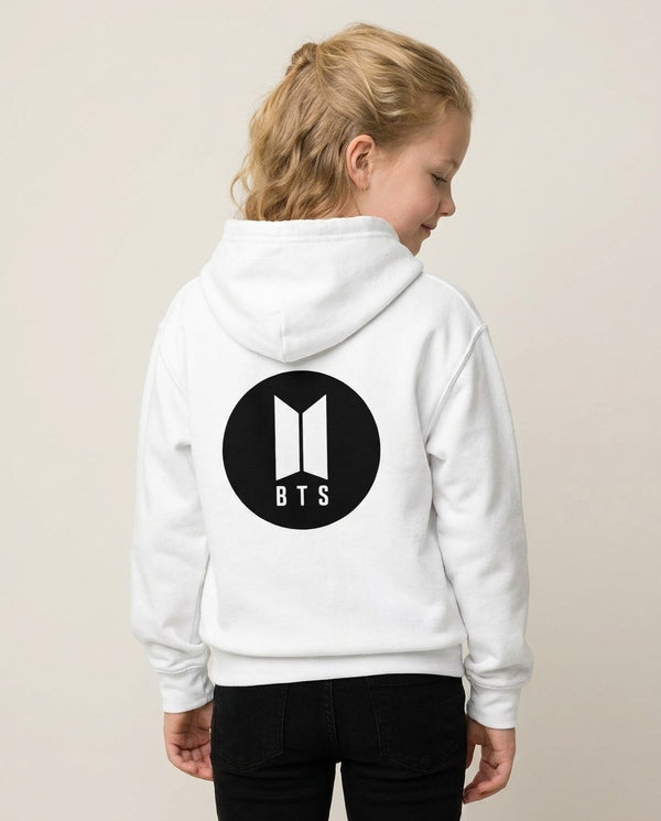 BTS logo Black - K Pop Kids Hoodie — White Back, worn
